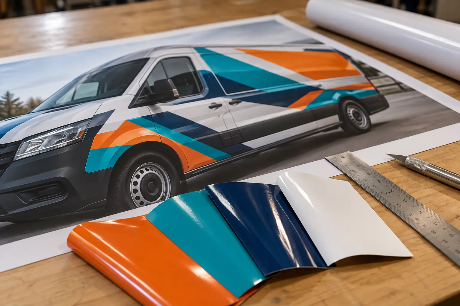 Illustrative vehicle graphics workbench with artwork proof and vinyl samples. Illustrative vehicle graphics workbench with artwork proof and vinyl samples.