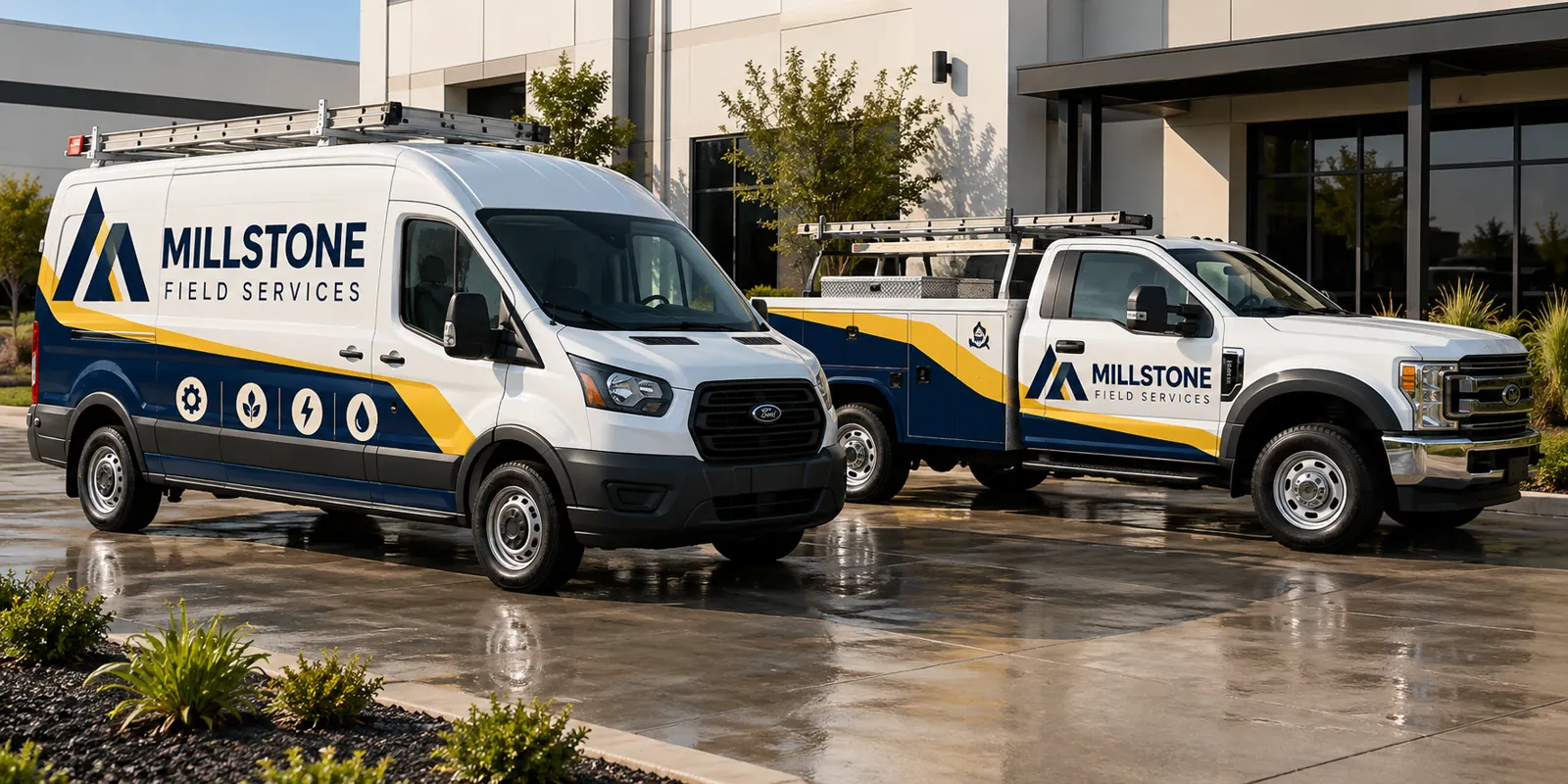 Millstone Field Services van and utility pickup, fictional wrap design concept Millstone Field Services van and utility pickup, fictional wrap design concept