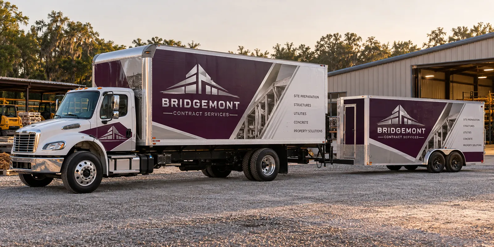 Bridgemont Contract Services box truck and enclosed trailer, fictional wrap design concept Bridgemont Contract Services box truck and enclosed trailer, fictional wrap design concept