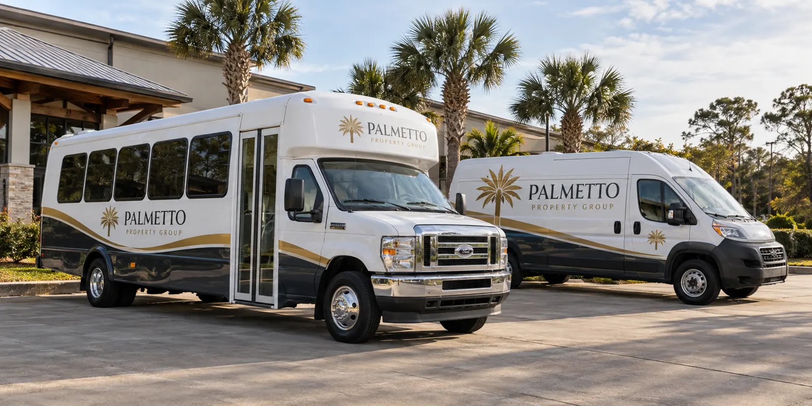 Palmetto Property Group shuttle and van, fictional wrap design concept Palmetto Property Group shuttle and van, fictional wrap design concept