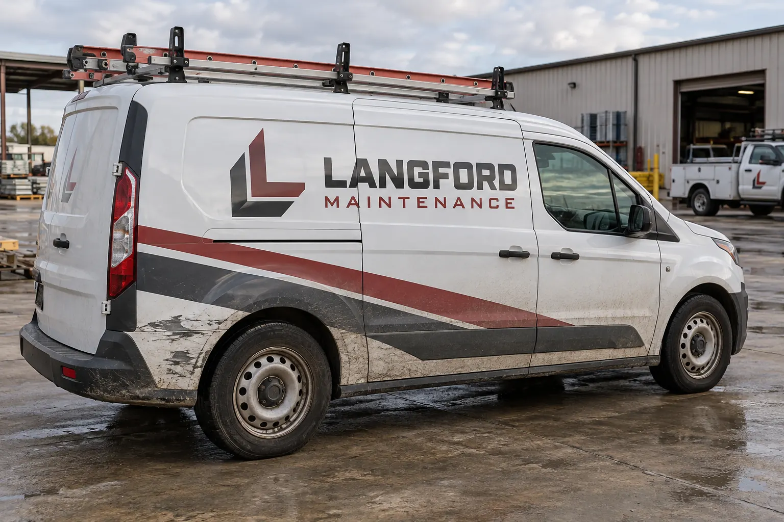When to Remove or Replace Fleet Graphics: Use Condition and Business Triggers – fictional design concept Langford Maintenance van with illustrative graphic wear, fictional condition concept