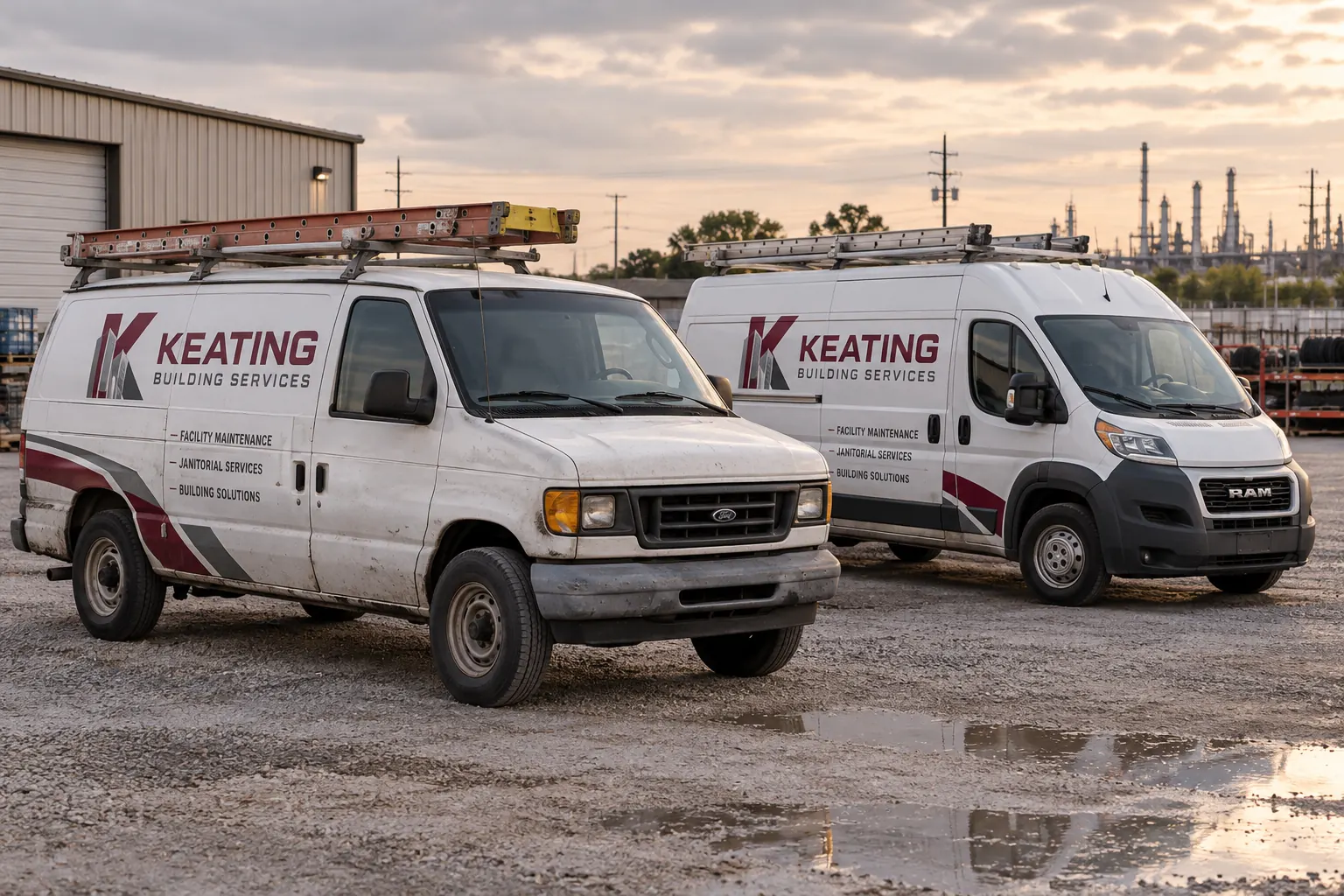 Aging Fleet Rebrand: A Planning Example for Condition and Retention Decisions – fictional design concept Keating Building Services older vans, fictional condition and rebrand concept