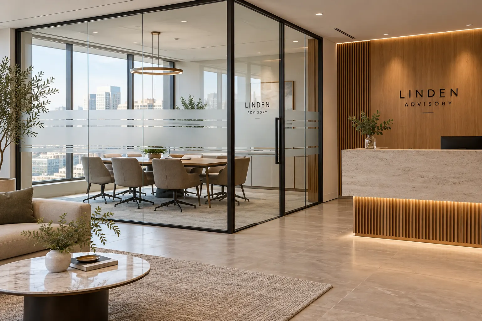 Architectural Window Films for Commercial Glass Planning – fictional design concept Linden Advisory office privacy-glass treatment, fictional design concept