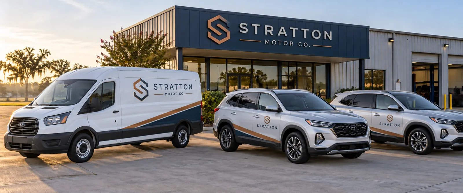 Auto Dealership Fleet Graphics for Delivery and Courtesy Vehicles – fictional design concept Stratton Motor Co parts van and courtesy SUVs with clean door lettering, fictional design concept