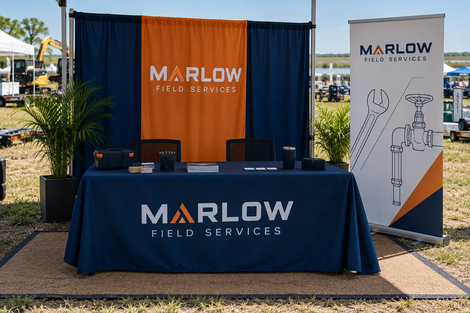 Banners and Event Graphics for a Clear Business Presence – fictional design concept Marlow Field Services branded banner and event booth, fictional design concept