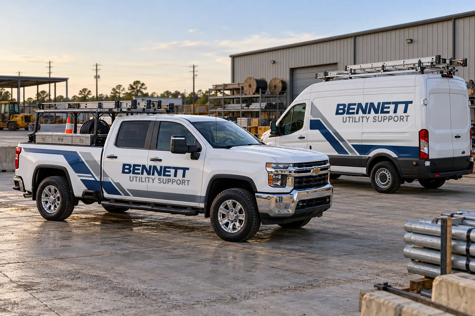 Baton Rouge Vehicle Wraps: Plan a Fleet Release That Keeps Work Moving – fictional design concept Bennett Utility Support pickup and van, fictional Baton Rouge-area fleet identity concept
