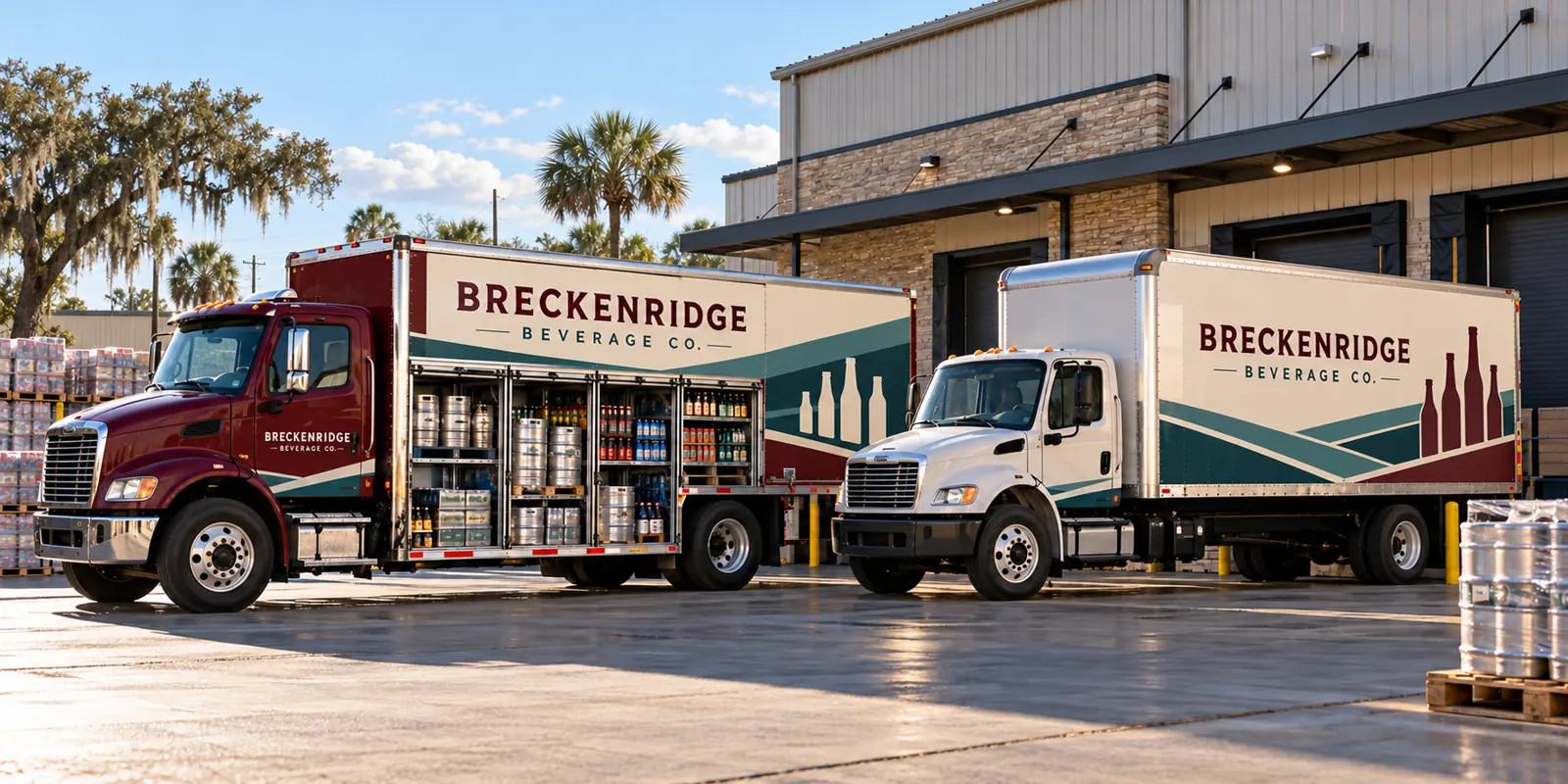 Beverage Distribution Fleet Graphics That Work Across Body Types – fictional design concept Breckenridge Beverage Co coordinated distribution trucks in a flat Louisiana setting, fictional design concept