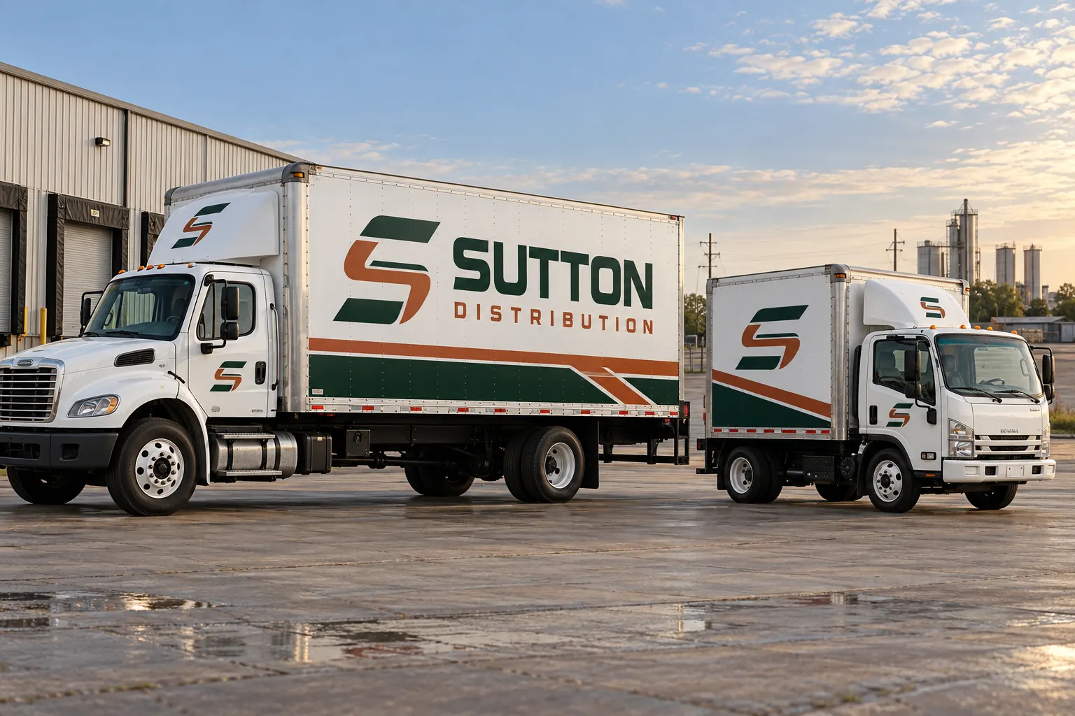 Box-Truck Fleet Branding Standards for Sides, Cabs and Rear Doors – fictional design concept Sutton Distribution box trucks with adapted fleet layouts, fictional design concept
