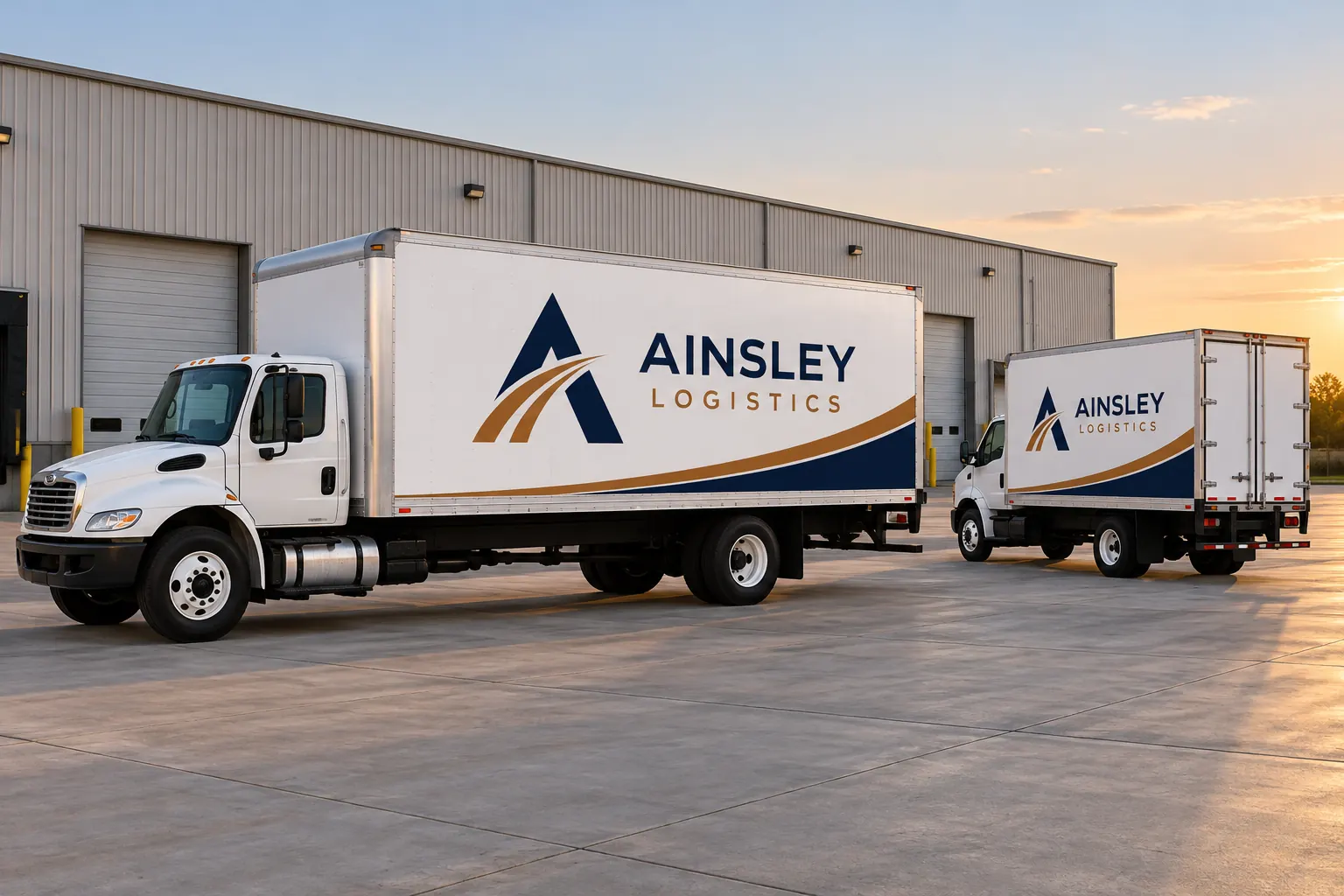 Box-Truck Fleet Rebrand: A Planning Example for Different Body Lengths – fictional design concept Ainsley Logistics box trucks with different body lengths, fictional rebrand planning concept