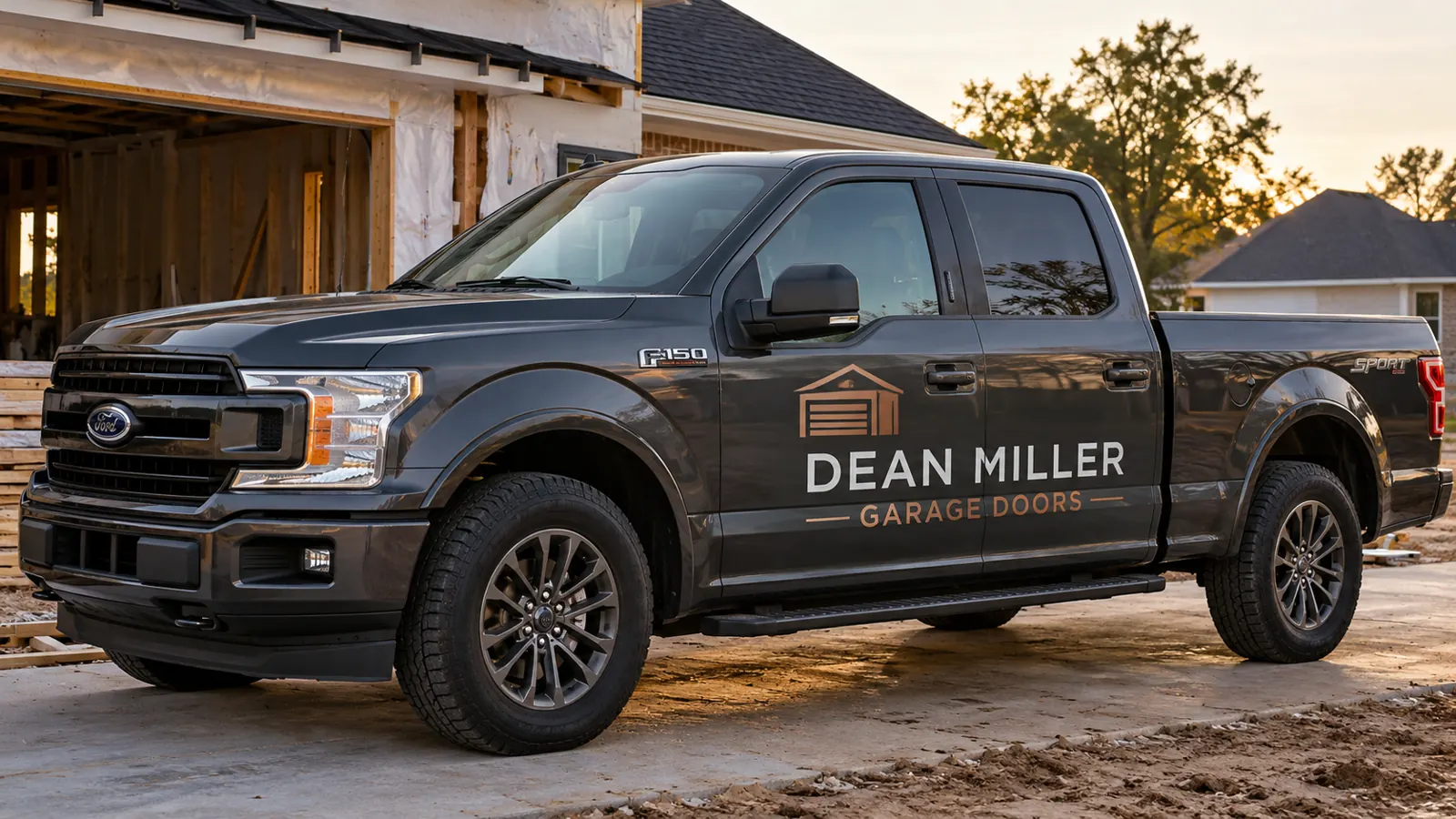 Business Vehicle Lettering & Decals – fictional design concept Dean Miller Garage Doors pickup lettering, fictional design concept