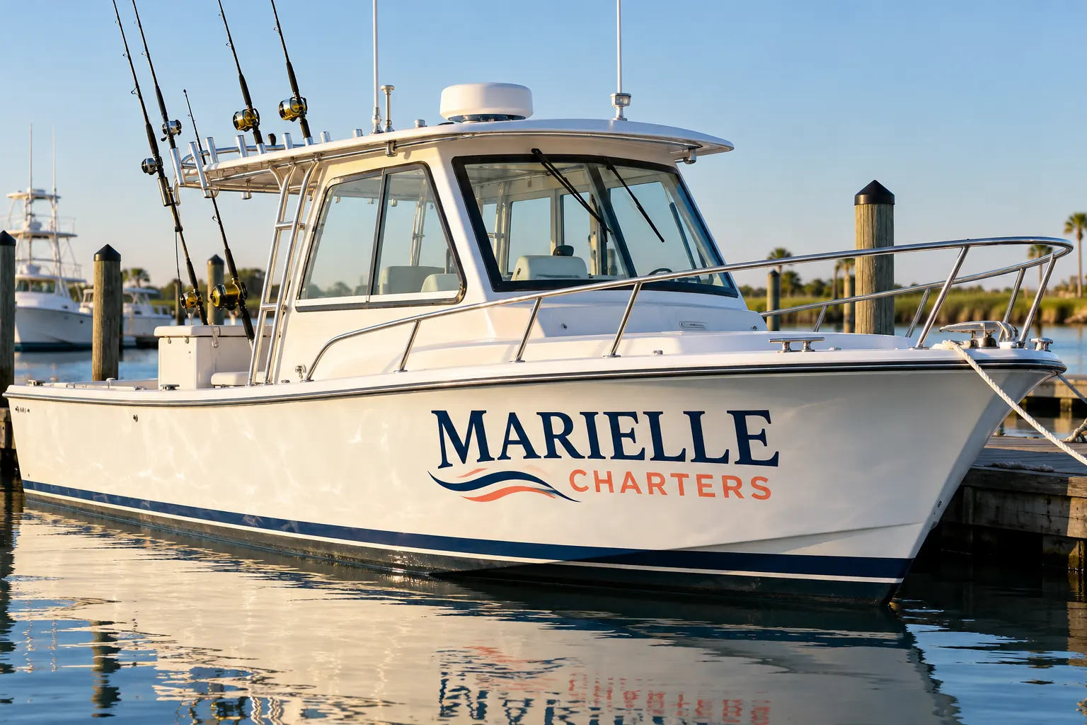Charter Boat Wraps for Gulf Coast Operators: Connect the Vessel with the Business Brief – fictional design concept Marielle Charters vessel above-waterline identity, fictional commercial marine concept
