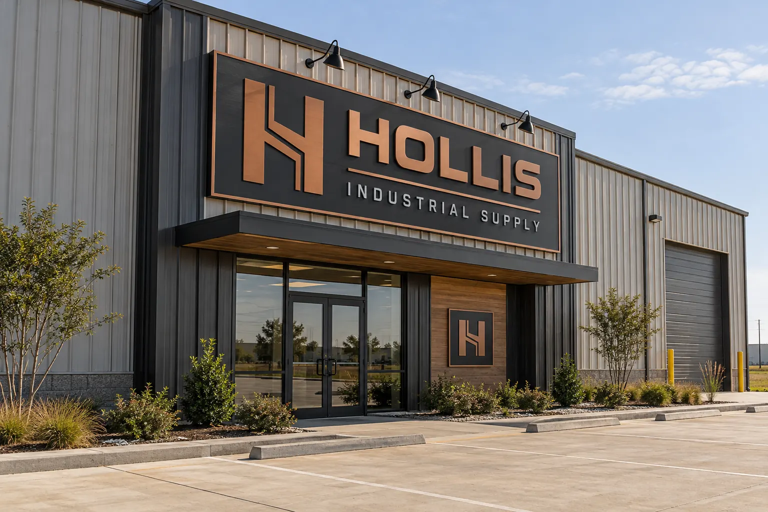 Commercial Signs That Help Customers Identify Your Business – fictional design concept Hollis Industrial Supply exterior business sign, fictional design concept