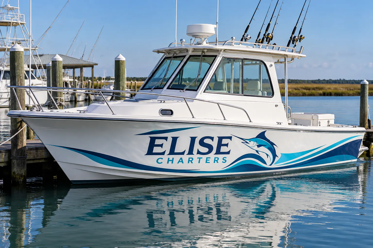 Commercial and Charter Boat Wrap Design: Plan Around the Actual Vessel – fictional design concept Elise Charters boat above-waterline identity, fictional commercial design concept