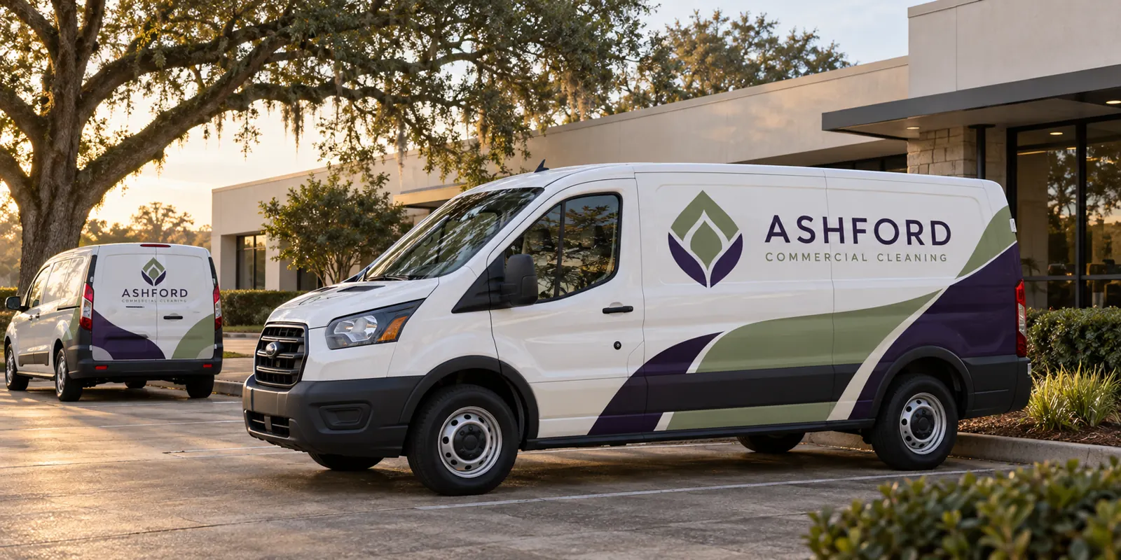 Cleaning Company Vehicle Wraps for Commercial Service Teams – fictional design concept Ashford Commercial Cleaning coordinated vans, fictional design concept