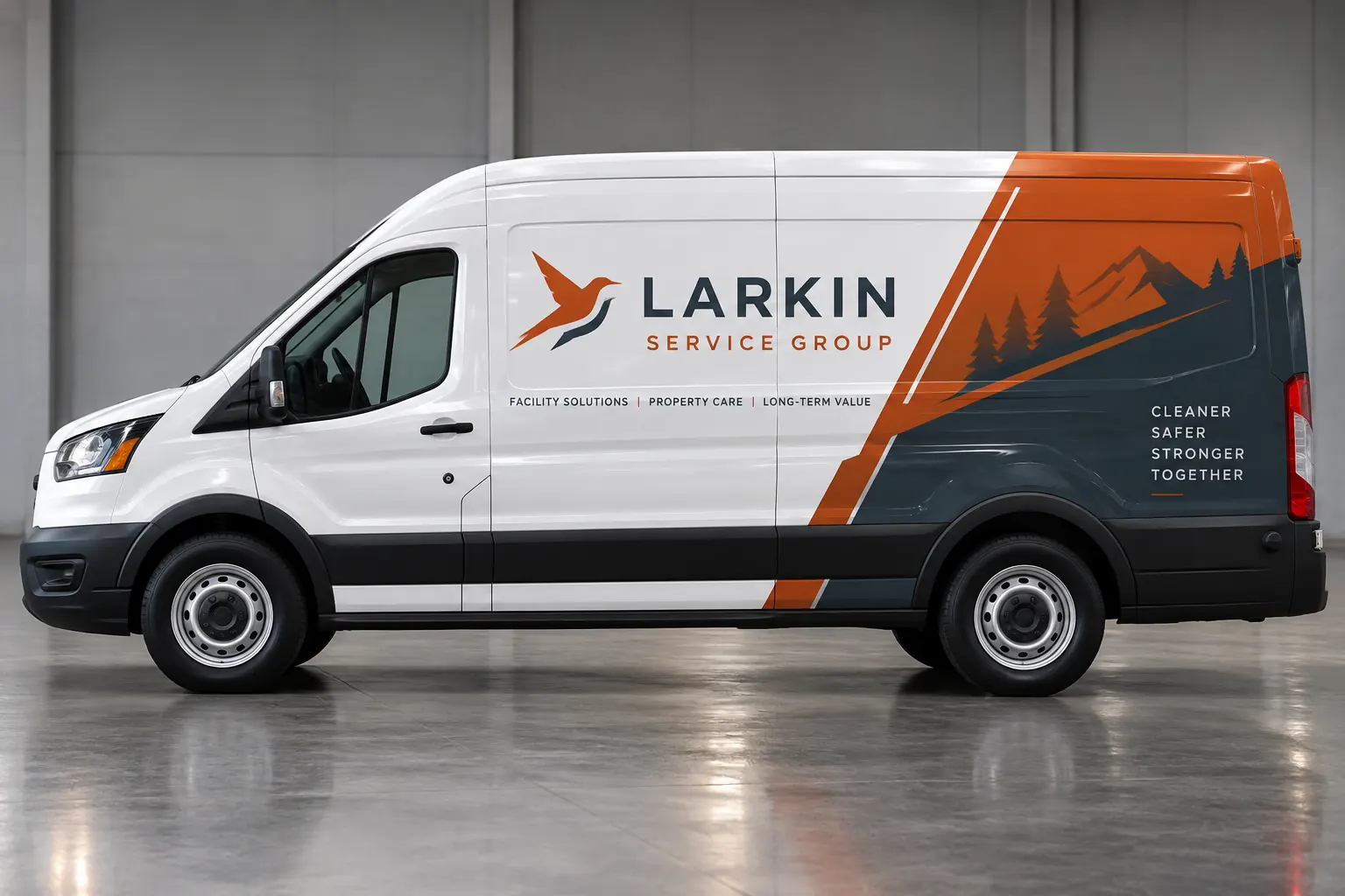 Wrap Coverage Comparison Tool: Compare the Scope Behind Each Option – fictional design concept Larkin Service Group partial-wrap van, fictional coverage concept