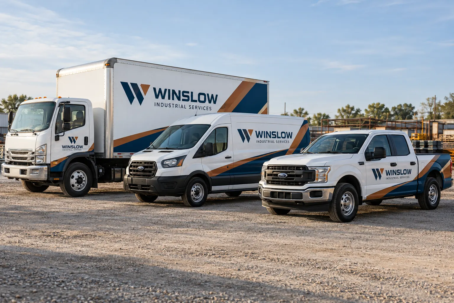 Commercial Fleet Program Identity – fictional design concept Winslow Industrial Services box truck, van and pickup with coordinated fitted graphics, fictional commercial fleet identity concept