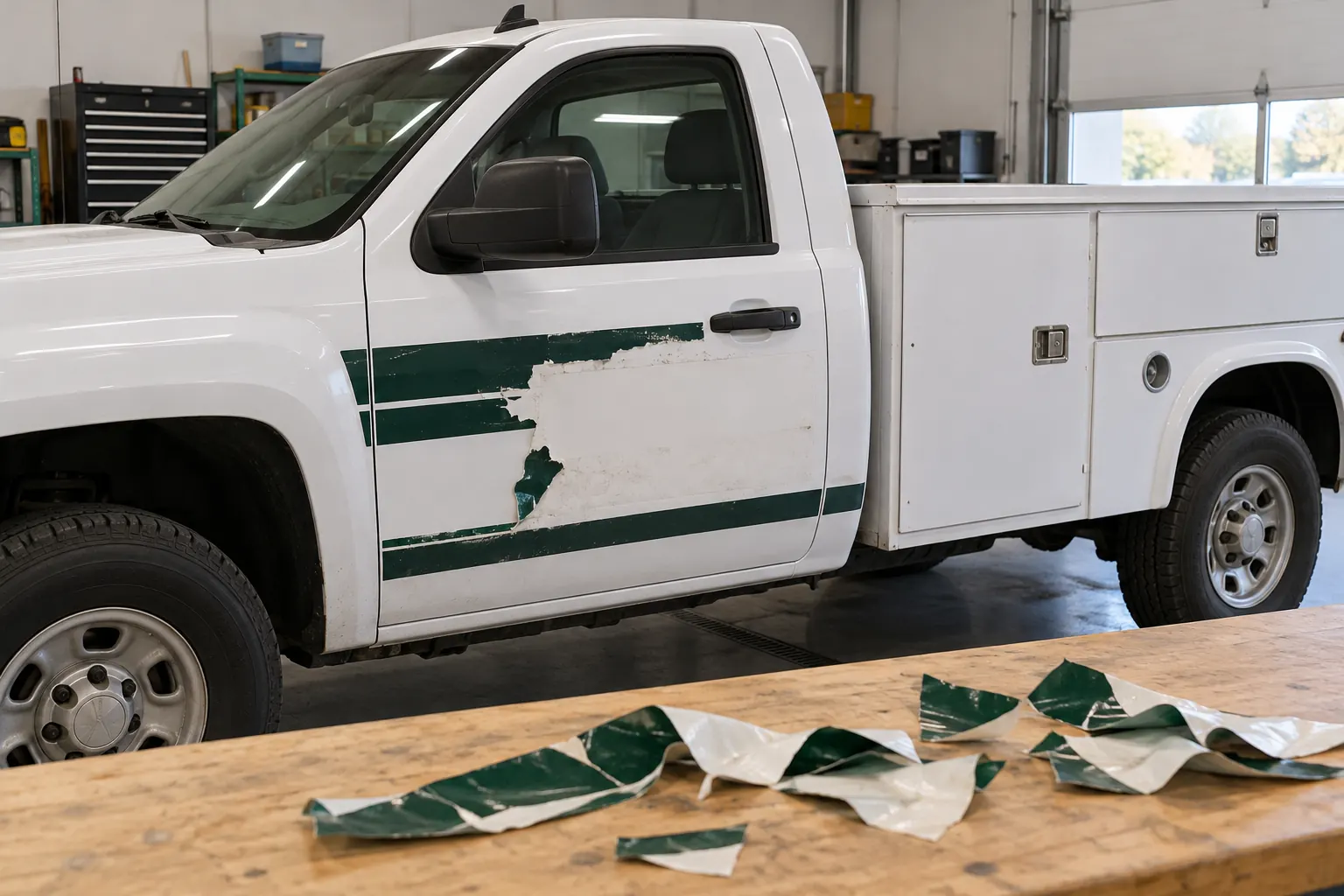 Commercial Vehicle Wrap Removal: Plan the Condition Review and Next Step – fictional design concept Illustrative old service-truck graphic removal scene, not a customer outcome