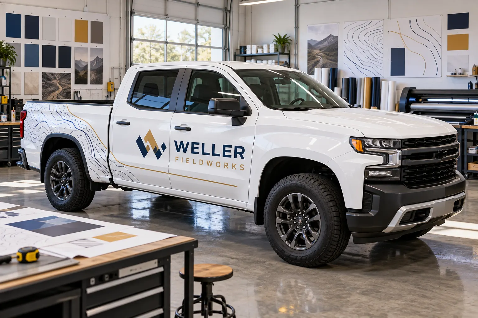 Commercial Wrap and Graphics FAQs: Find the Right Next Decision – fictional design concept Weller Fieldworks pickup in a graphics studio, fictional buyer-guide concept