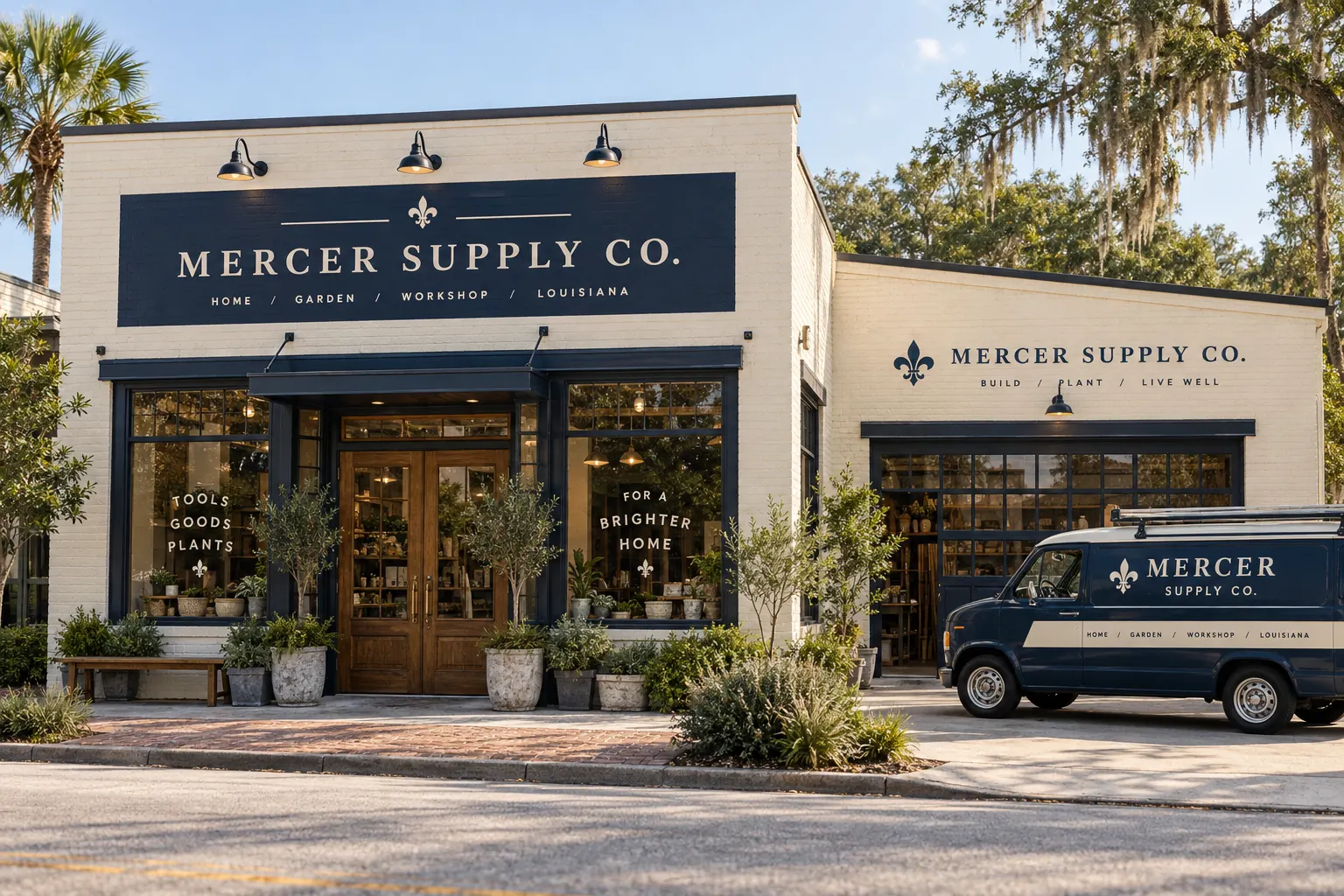 Commercial Signs and Graphics for Connected Business Branding – fictional design concept Mercer Supply Co storefront signs, windows and service van, fictional design concept