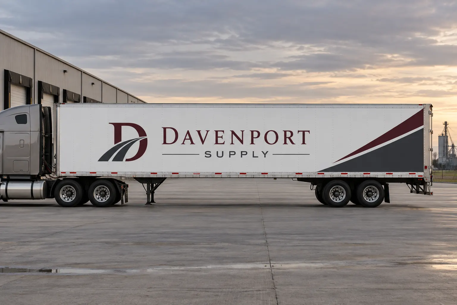Commercial Trailer Graphics: A Planning Example from Side Identity to Rear Fit – fictional design concept Davenport Supply commercial trailer, fictional graphics planning concept