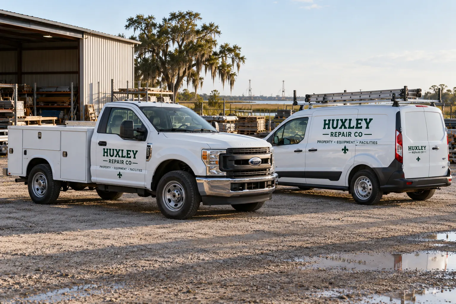 Vehicle Lettering Cost: Define the Information and Installed Scope – fictional design concept Huxley Repair Co pickup and van lettering, fictional design concept