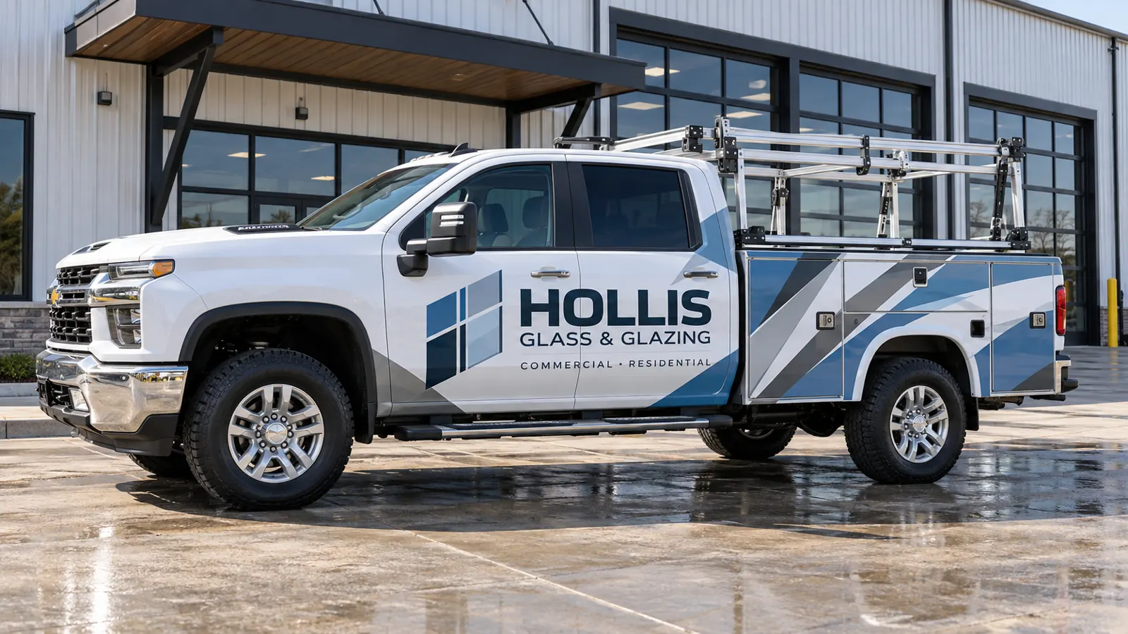 Hollis Glass and Glazing utility-bed truck, fictional wrap design concept. Hollis Glass and Glazing utility-bed truck, fictional wrap design concept.