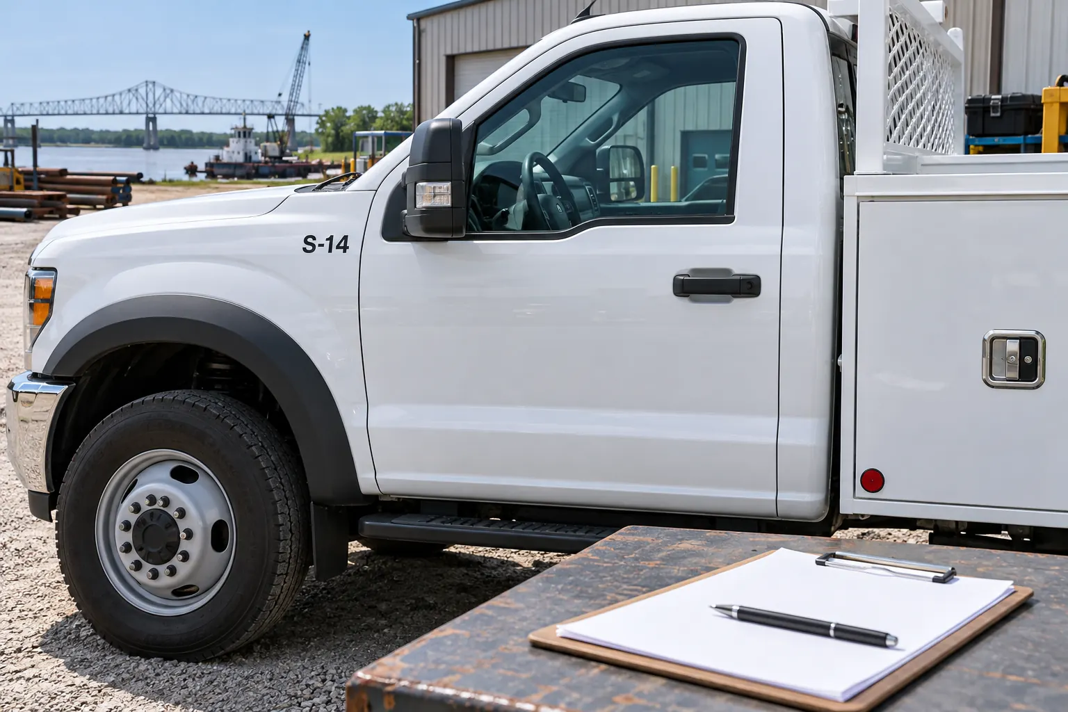 DOT Markings and Unit Numbers: Keep Carrier Data Separate from Branding – fictional design concept Service-body vehicle with fictional internal unit code S-14, not an issued carrier number