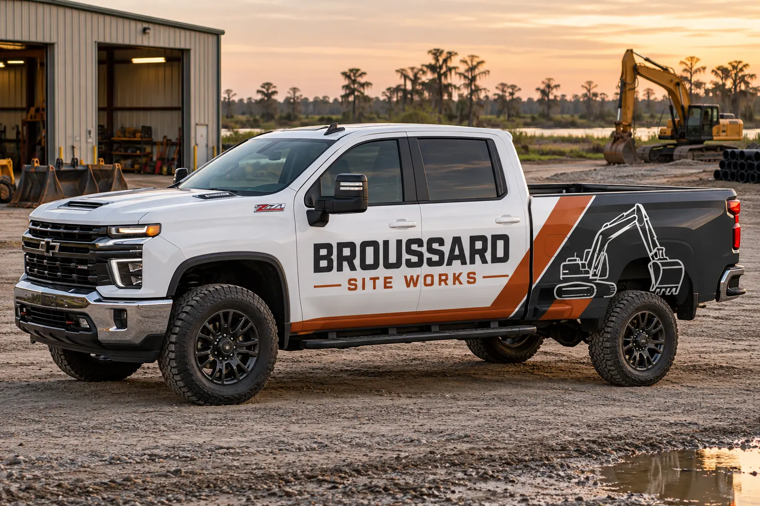 Commercial Vehicle Wrap Design Mistakes and How to Review Them – fictional design concept Broussard Site Works pickup with focused graphic hierarchy, fictional design concept