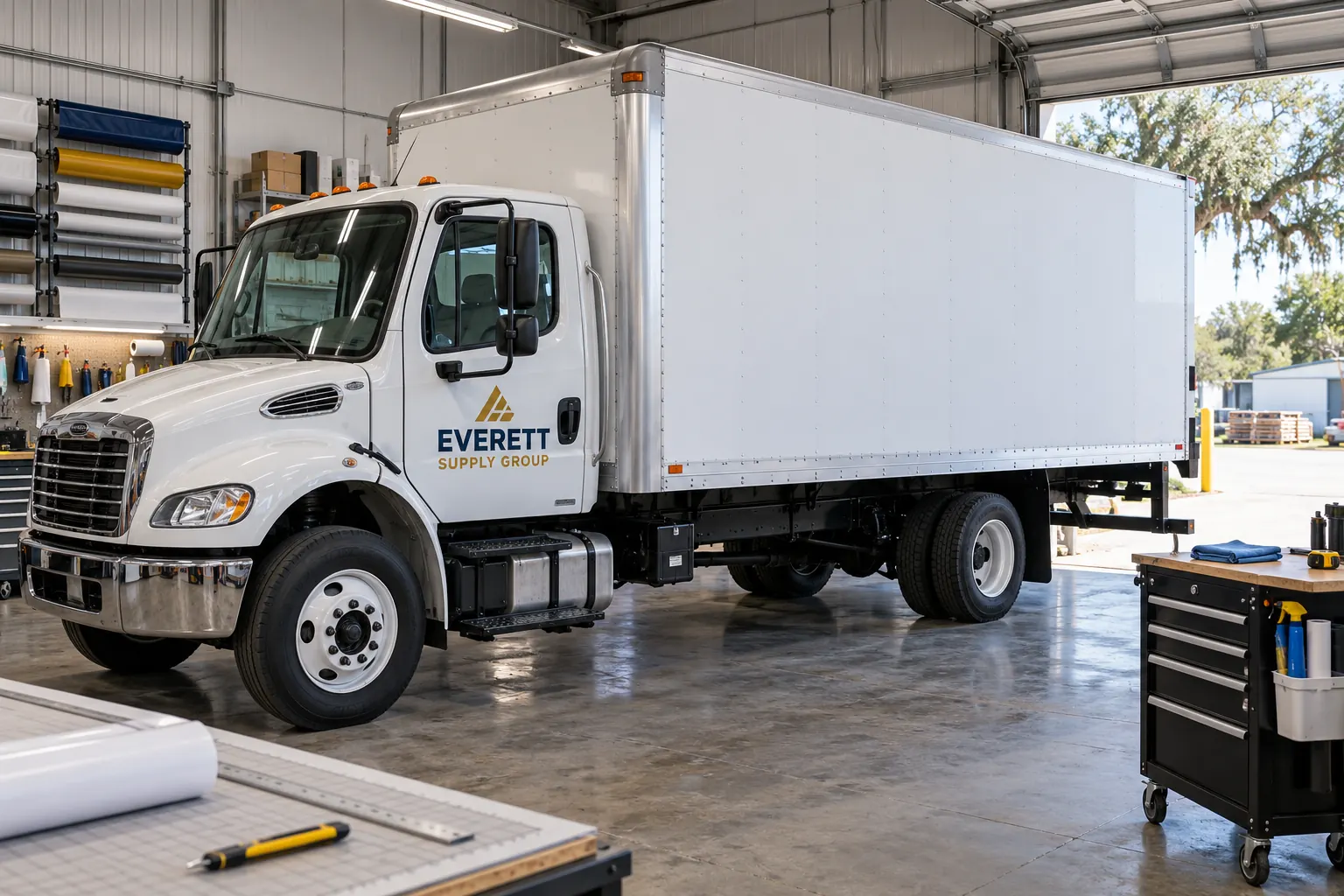 Prepare a Commercial Vehicle for Wrap Installation – fictional design concept Everett Supply Group box truck preparation scene, illustrative fictional concept