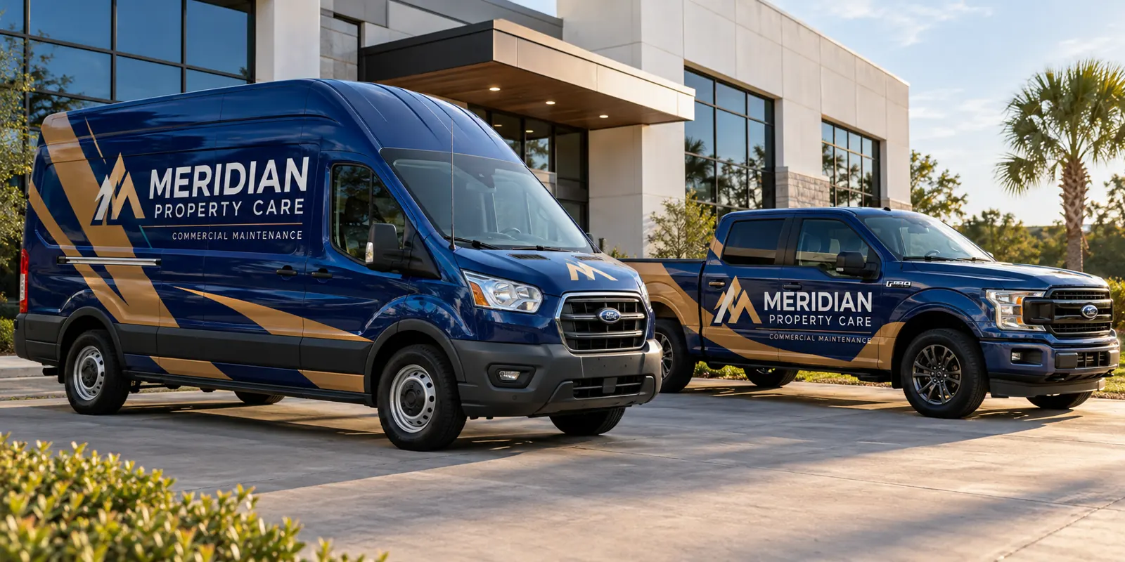 Meridian Property Care van and pickup, fictional commercial wrap design concept. Meridian Property Care van and pickup, fictional commercial wrap design concept.