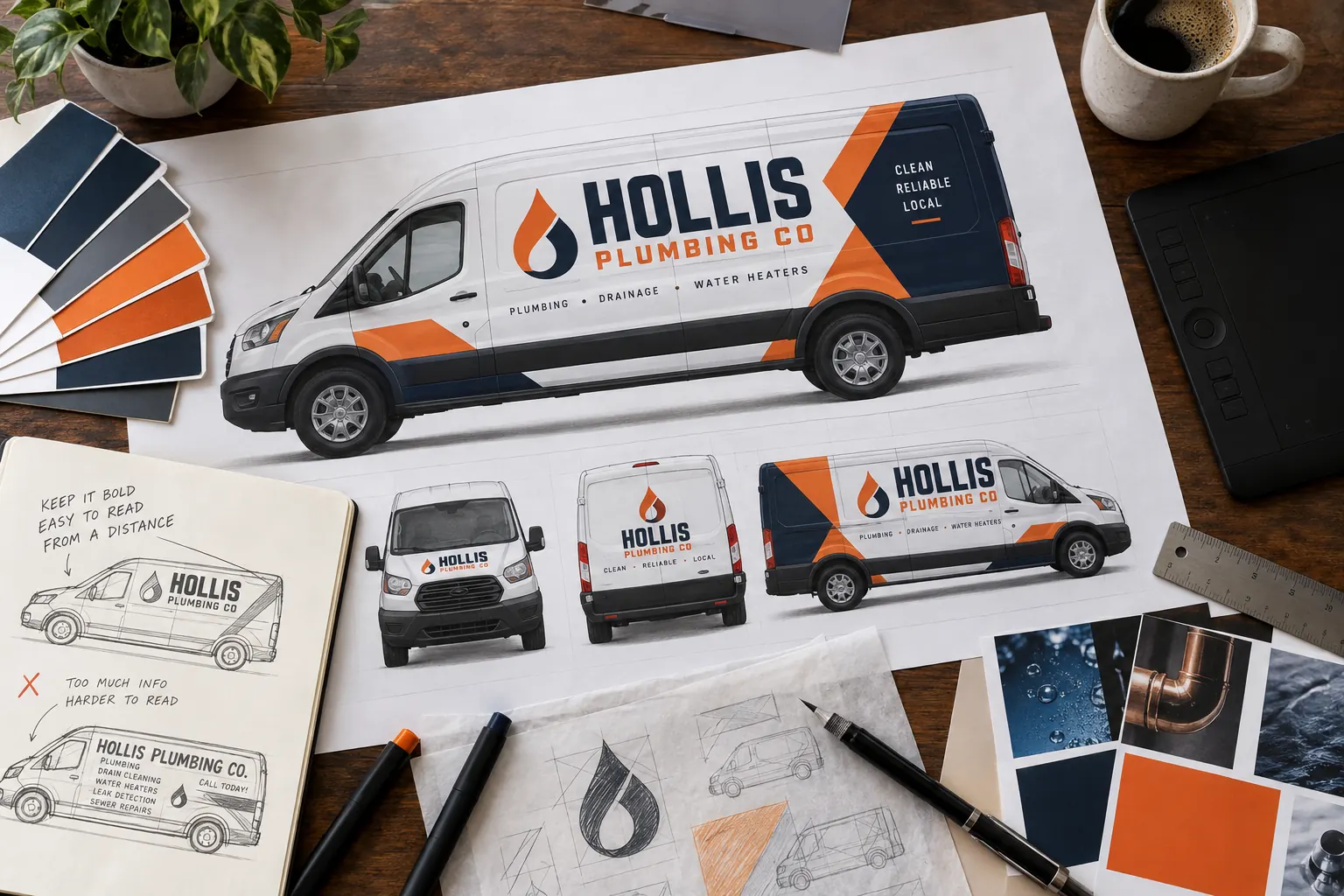 Vehicle Wrap Artwork Guidelines for Clear Commercial Graphics – fictional design concept Hollis Plumbing Co vehicle artwork planning concept, fictional business