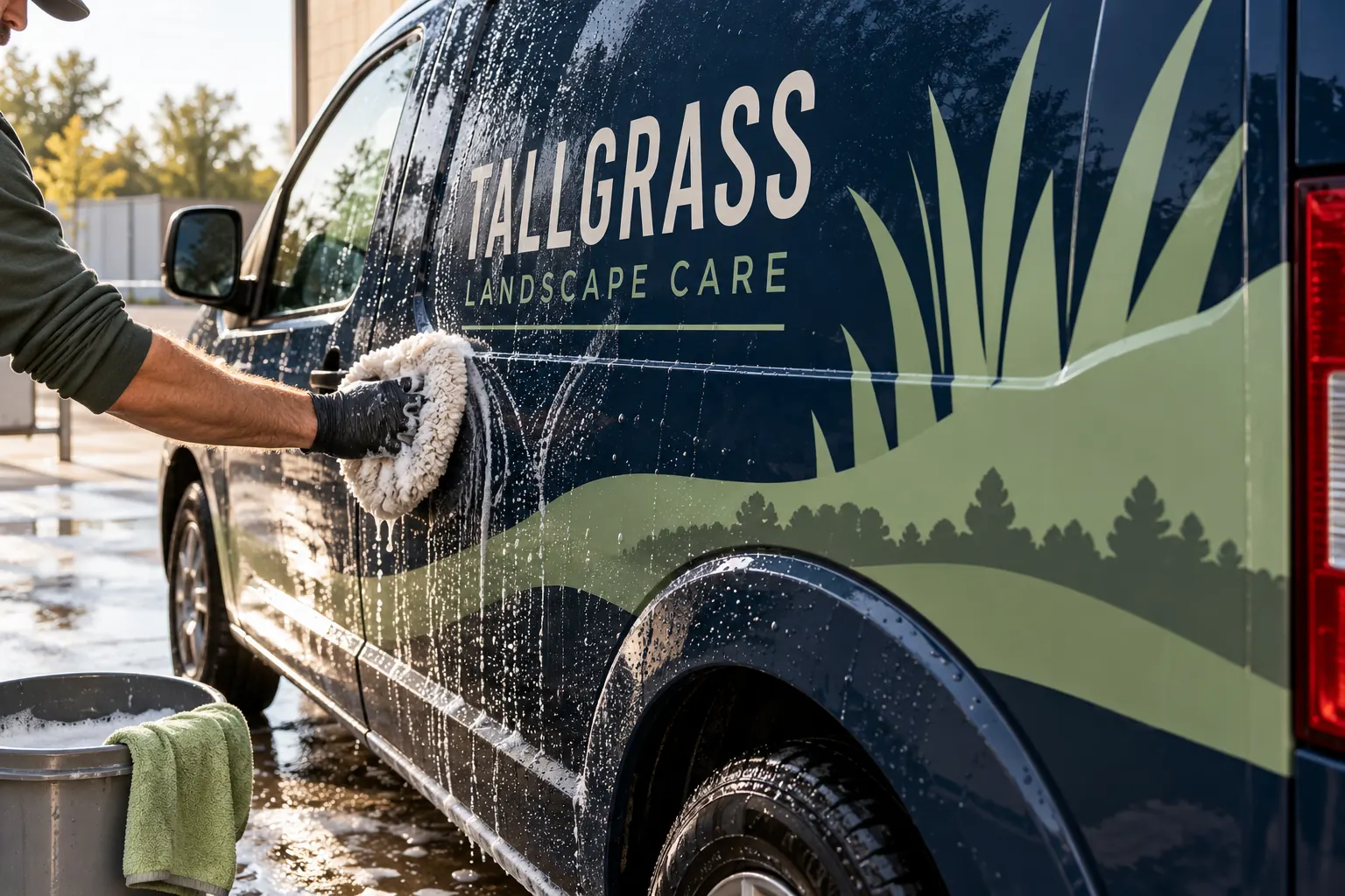 Commercial Vehicle Wrap Care and Fleet Maintenance – fictional design concept Tallgrass Landscape Care van gentle washing concept, fictional business