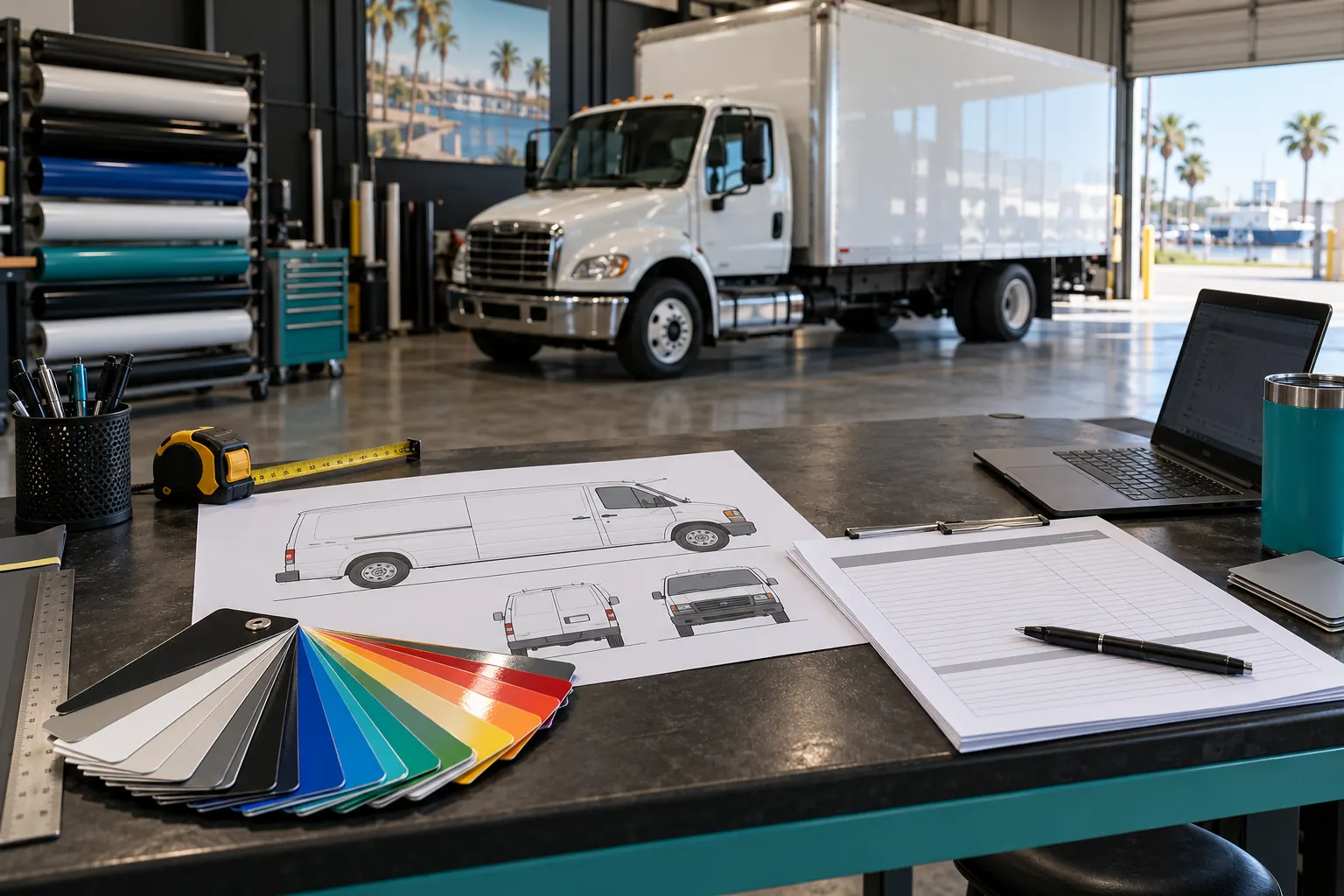 Commercial Vehicle Wrap Cost: Build a Quote You Can Compare – fictional design concept Illustrative commercial wrap estimate planning table with vehicle drawing and material swatches