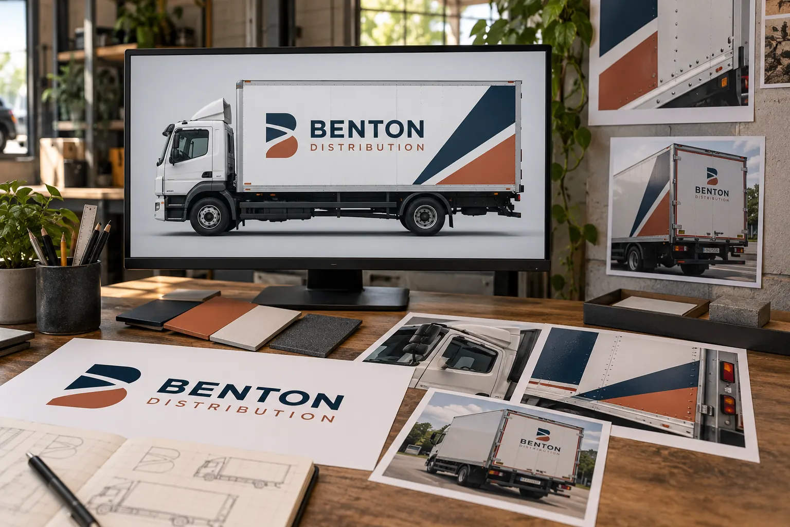 Commercial Wrap Design Cost: Specify the Creative Deliverables – fictional design concept Illustrative wrap design workbench with fictional Benton Distribution identity