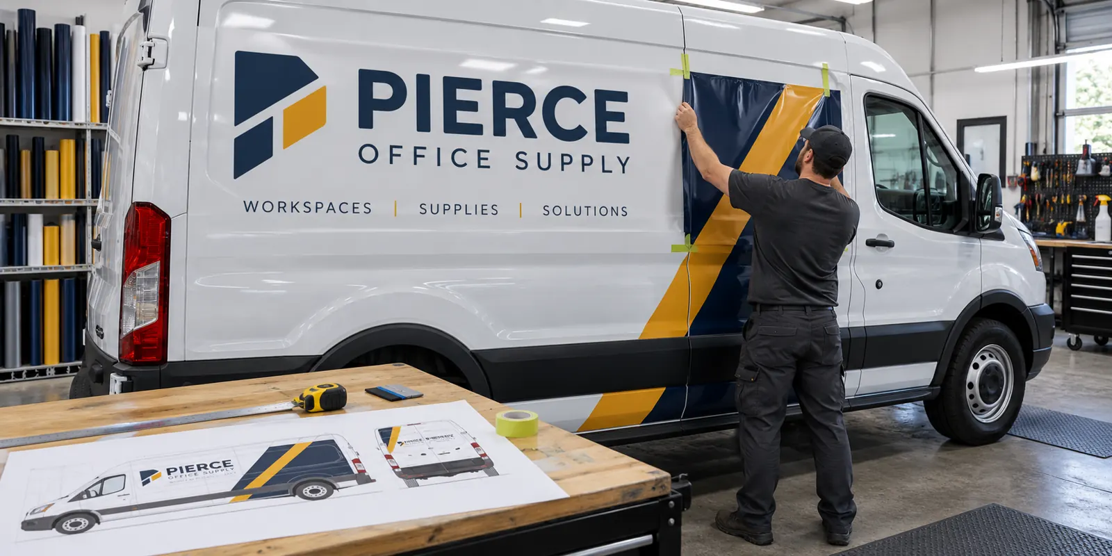 Our Commercial Vehicle Graphics Process – fictional design concept Pierce Office Supply van graphics installation planning concept, fictional business