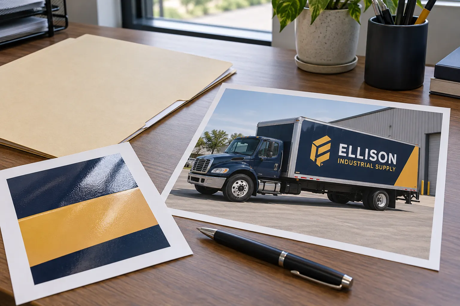 Commercial Vehicle Wrap Warranty Guide: Ask for the Actual Terms – fictional design concept Ellison Industrial Supply project-record desk, illustrative fictional concept