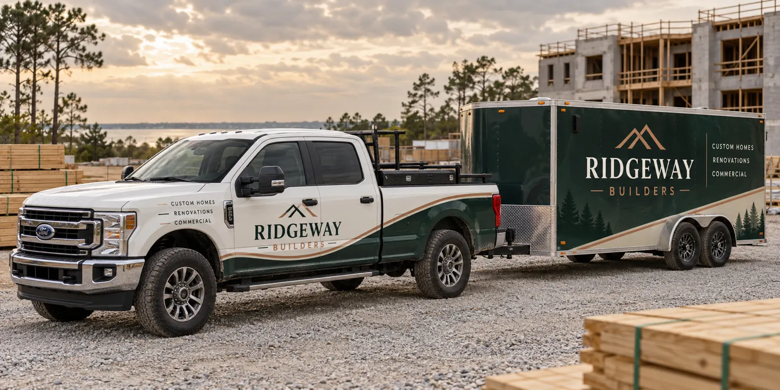 Construction Fleet Wraps for Work Trucks and Equipment Trailers – fictional design concept Ridgeway Builders coordinated construction truck and trailer graphics, fictional business