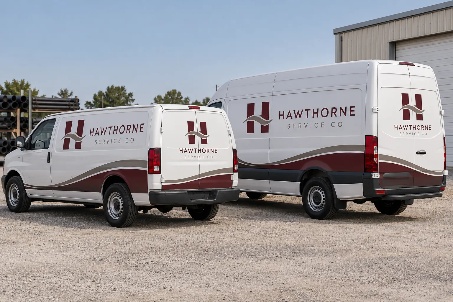 Covington and Mandeville Fleet Graphics: Add New Vehicles to a Clear Standard – fictional design concept Hawthorne Service Co vans with different configurations, fictional Covington/Mandeville-area concept