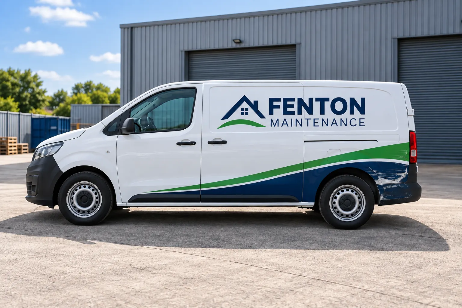Damaged Fleet Panel: A Planning Example for a Focused Replacement Brief – fictional design concept Fenton Maintenance van with illustrative rear-quarter graphic scrape, fictional condition concept