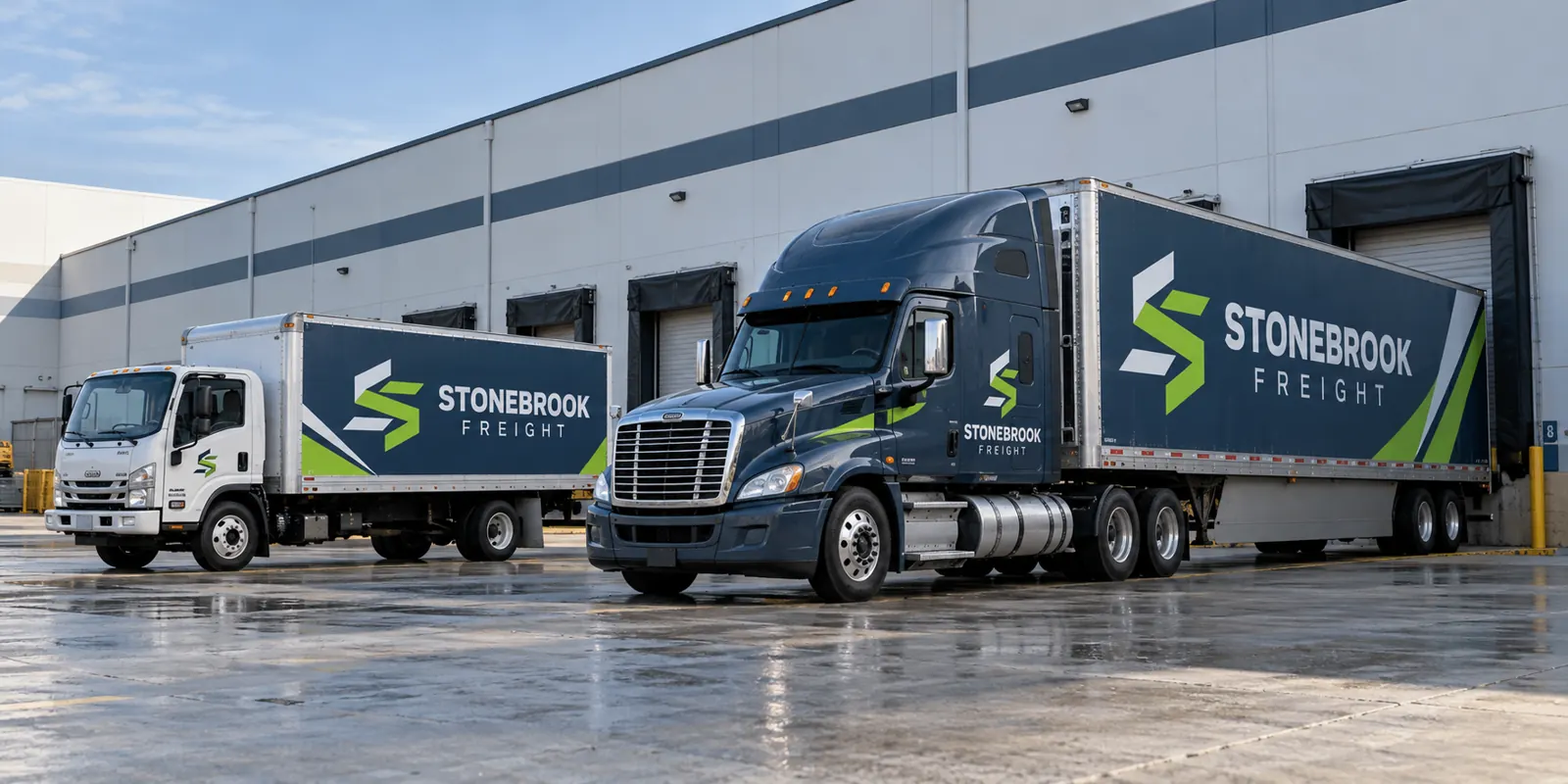 Stonebrook Freight box truck and semi-trailer, fictional design concept.