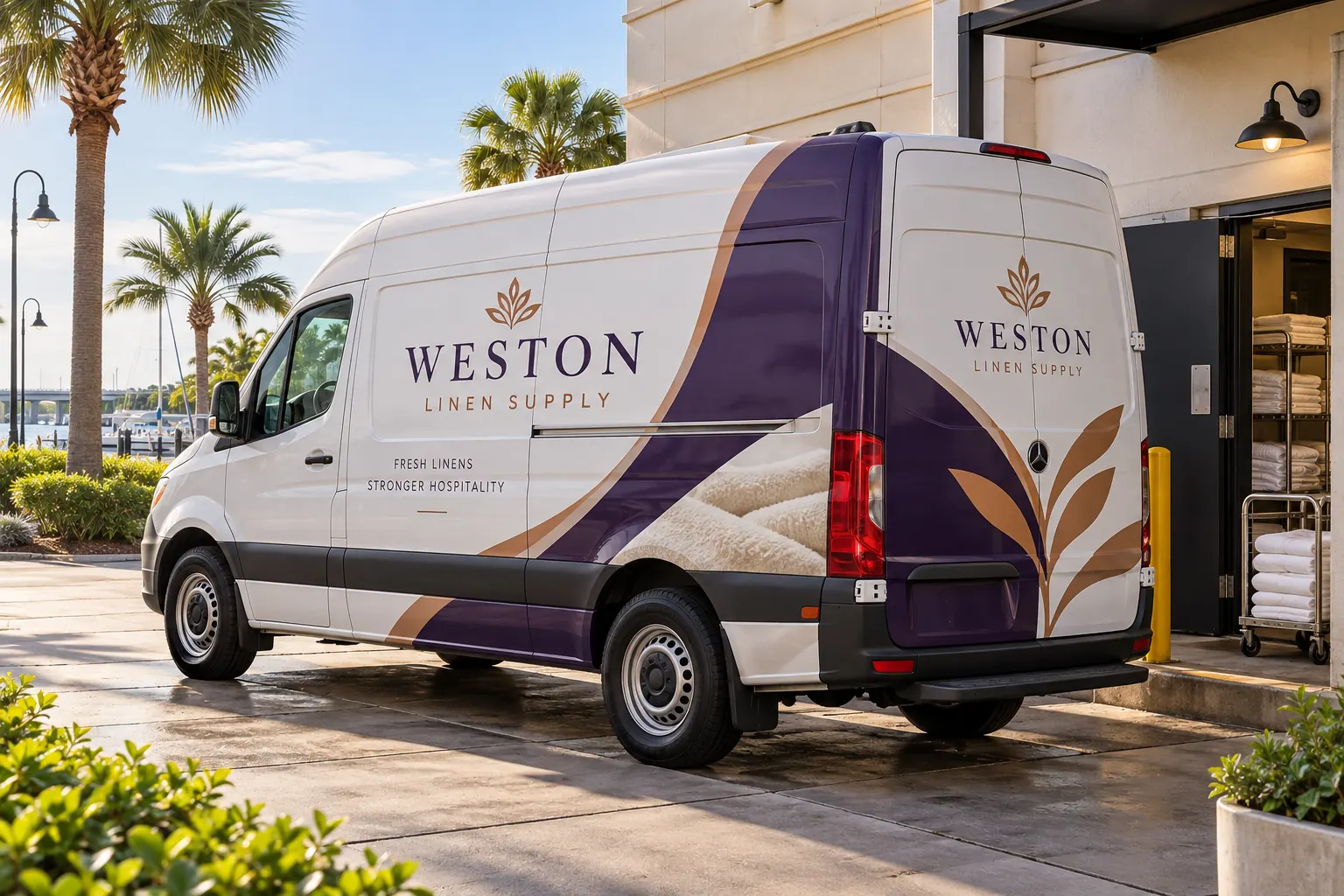Delivery Van Wraps for Daily Commercial Routes – fictional design concept Weston Linen Supply delivery-van graphics, fictional design concept