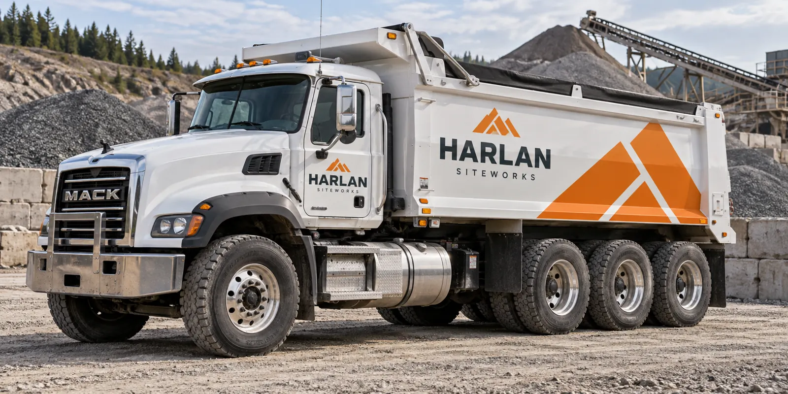 Dump Truck Graphics and Commercial Fleet Lettering – fictional design concept Harlan Siteworks dump-truck fleet graphics, fictional design concept