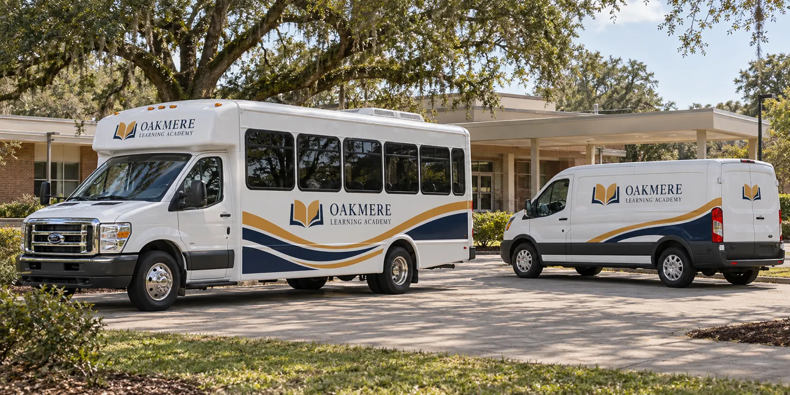 Oakmere Learning Academy shuttle and support van, fictional organization concept