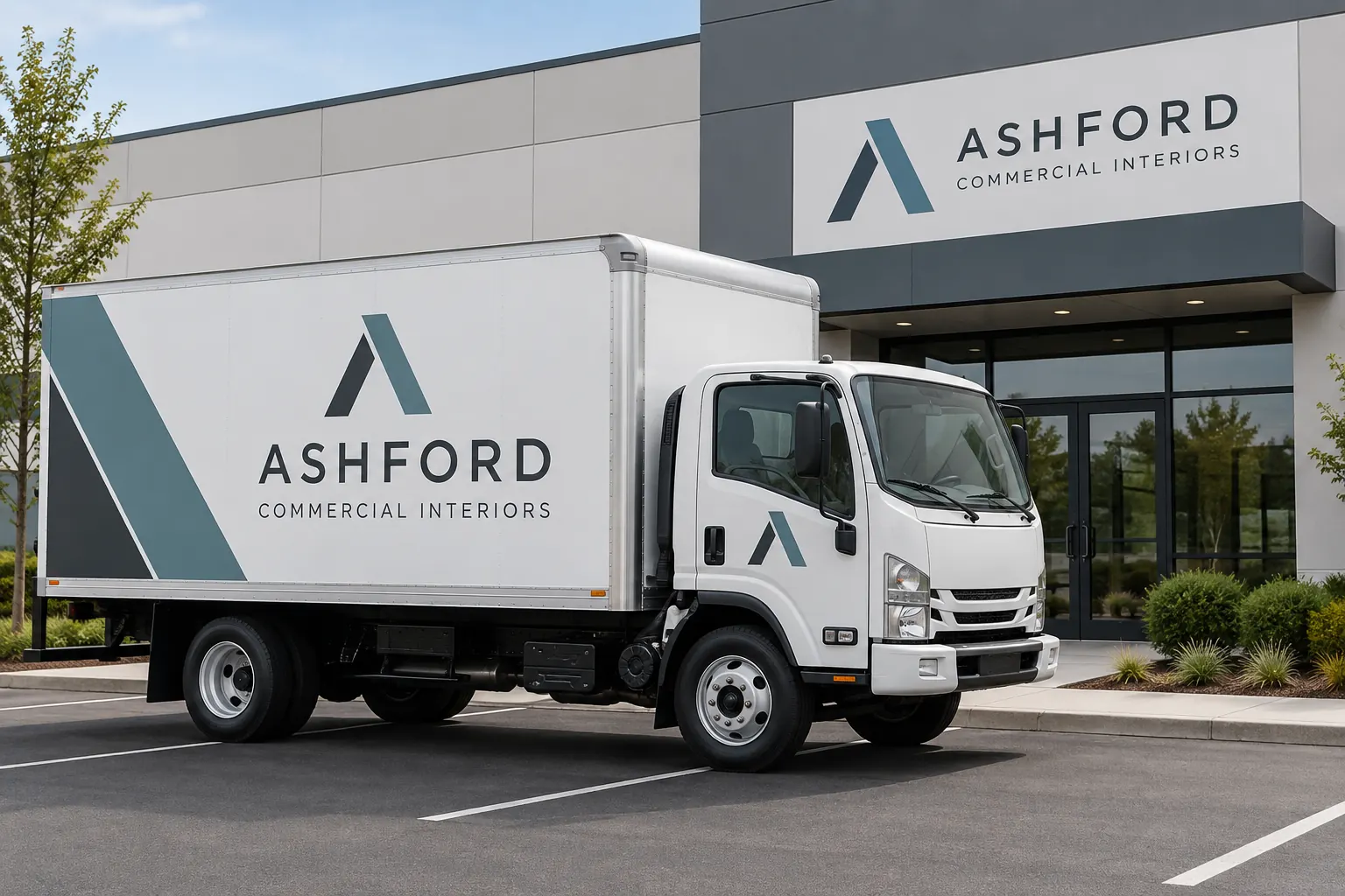 Ashford Commercial Interiors truck and frontage, fictional Elmwood/Harahan-area concept rather than actual premises