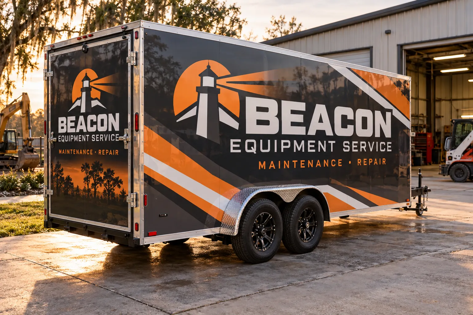 Beacon Equipment Service enclosed trailer, fictional wrap design concept.