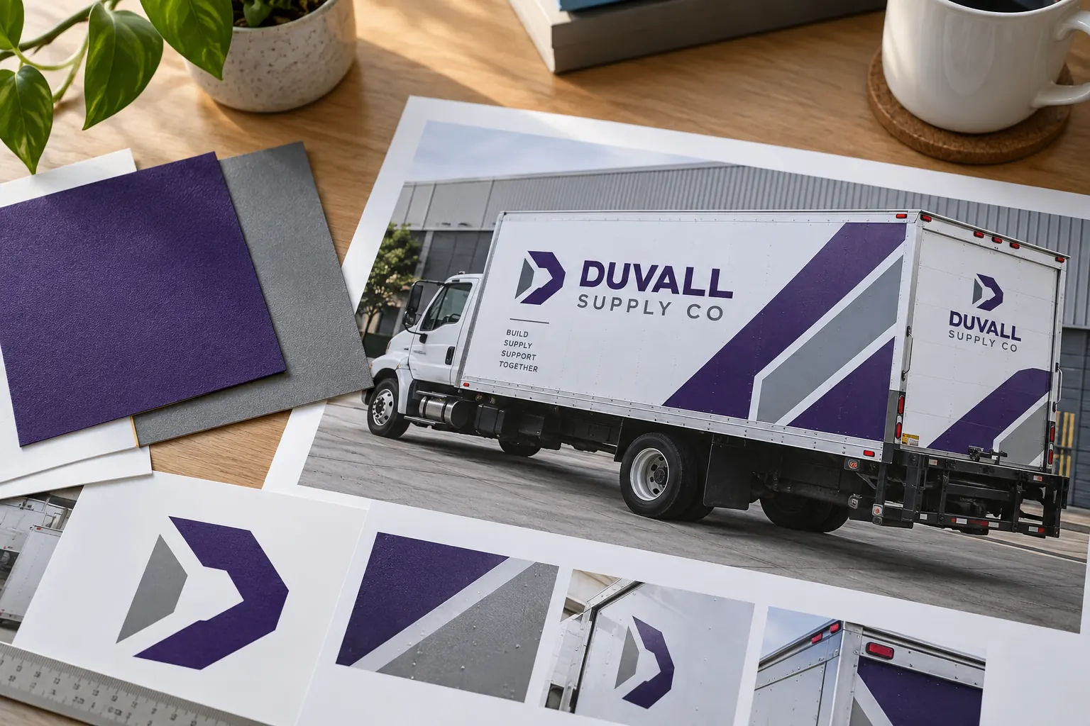 Duvall Supply Co color-review samples, illustrative fictional concept