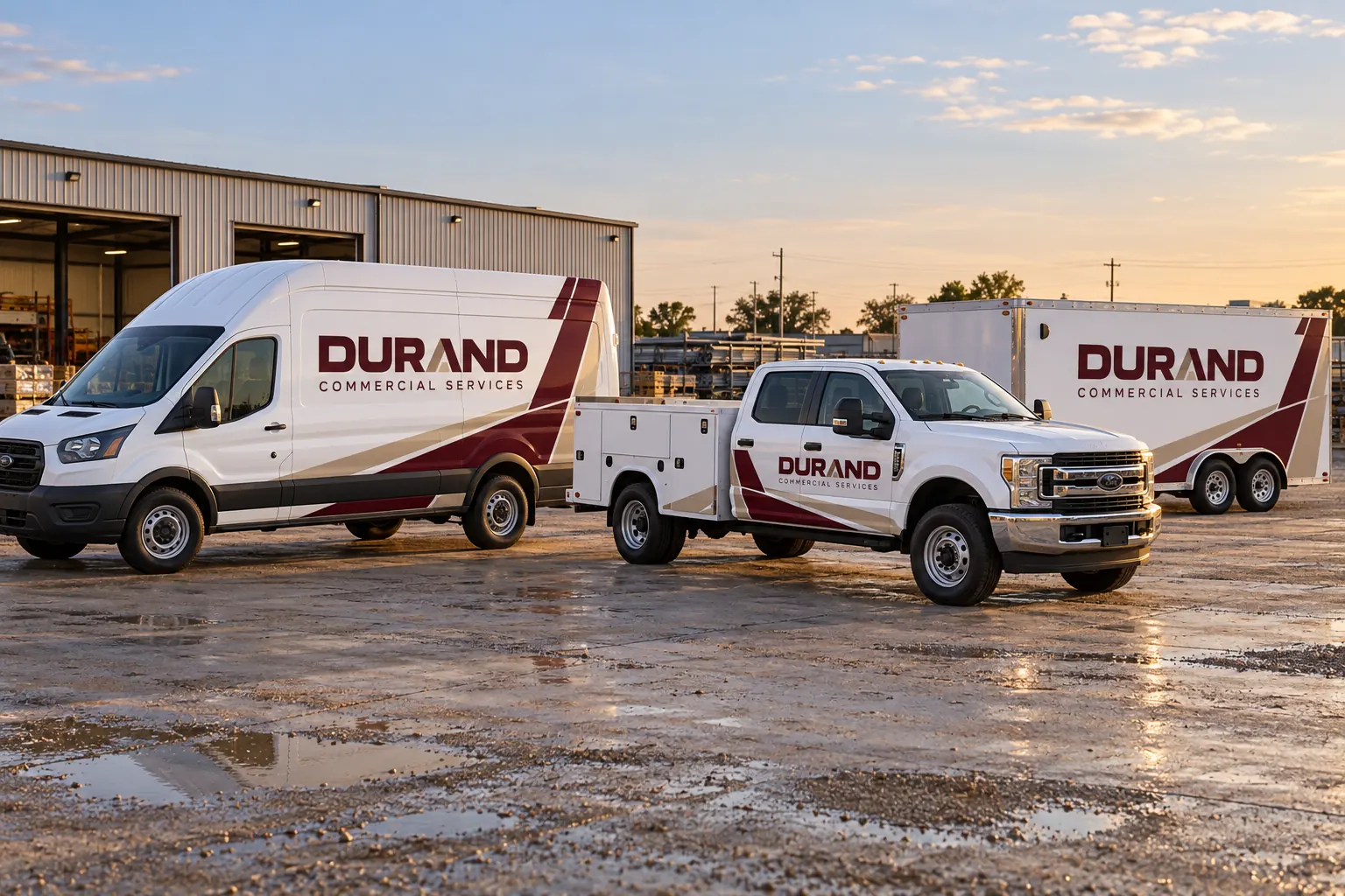 Fleet Graphic Design Standards That Survive the Next Vehicle Order – fictional design concept Durand Commercial Services mixed fleet, fictional design concept