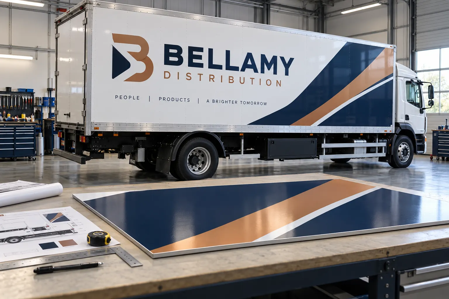 Wrap Repair Versus Replacement Cost: Scope the Affected Area First – fictional design concept Illustrative replacement-panel planning scene with fictional Bellamy Distribution truck