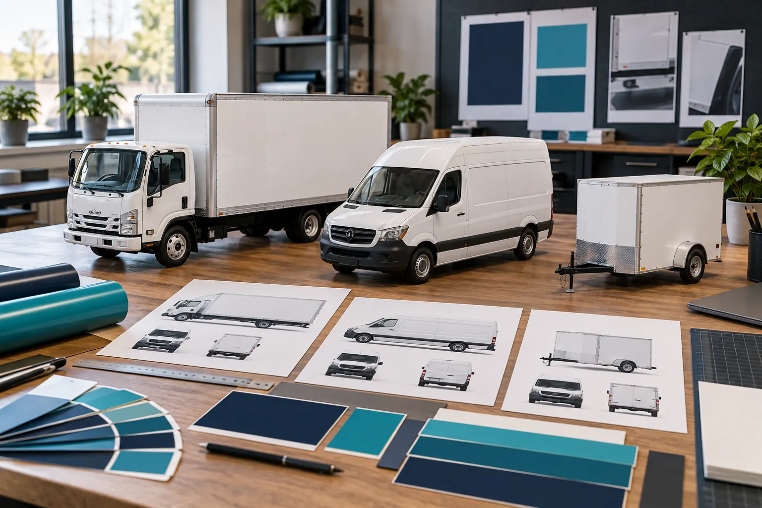 Fleet Project Planning Examples: Choose the Situation You Need to Solve – fictional design concept Model box truck, van and trailer with graphics planning references, illustrative concept