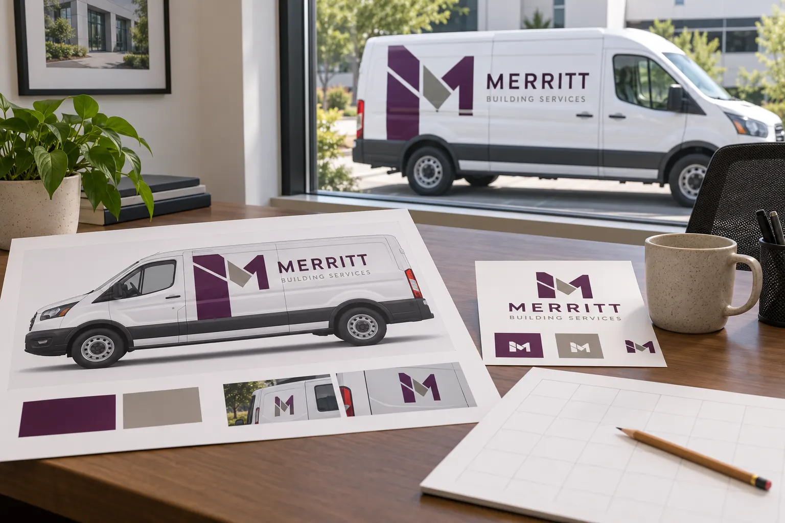 Fleet Rebranding Timeline Builder With Your Own Stage Allowances – fictional design concept Merritt Building Services rebrand planning desk, illustrative fictional concept